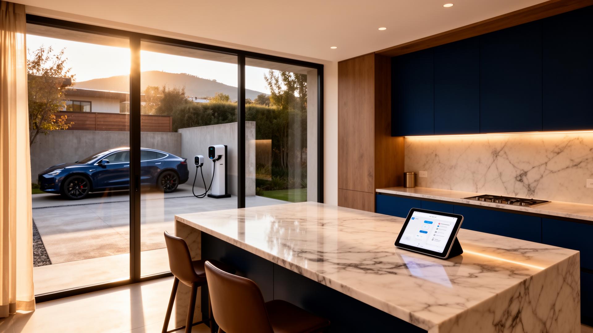 Cocina moderna con cargador de auto eléctrico visible
